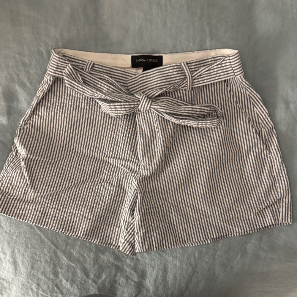 Banana Republic Navy & White Striped High-Waist Tie-Belt Shorts